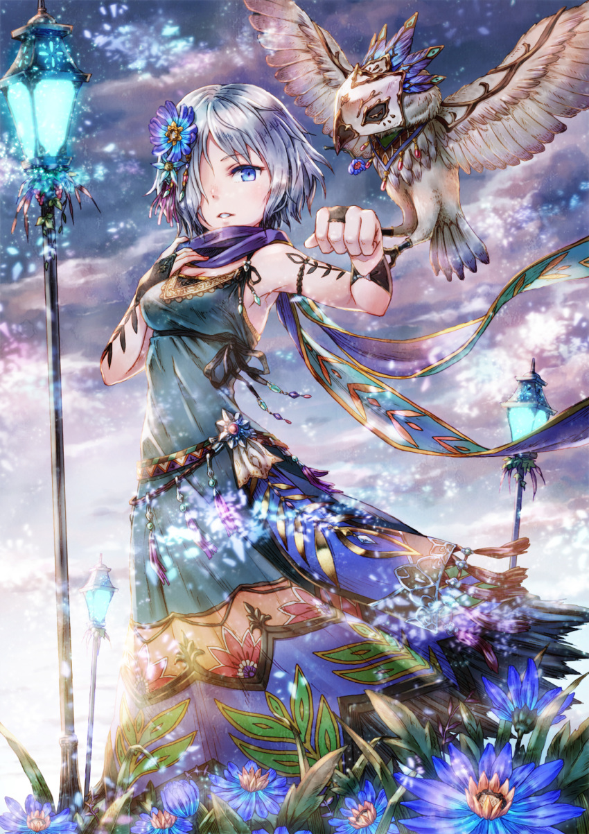 1girl bird bird_on_hand blue_dress blue_eyes blue_flower bridal_gauntlets day dress flower hair_over_one_eye highres jewelry layered_dress long_dress looking_at_viewer original outdoors parted_lips purple_scarf ring scarf sho_(sumika) short_hair silver_hair sleeveless sleeveless_dress solo standing