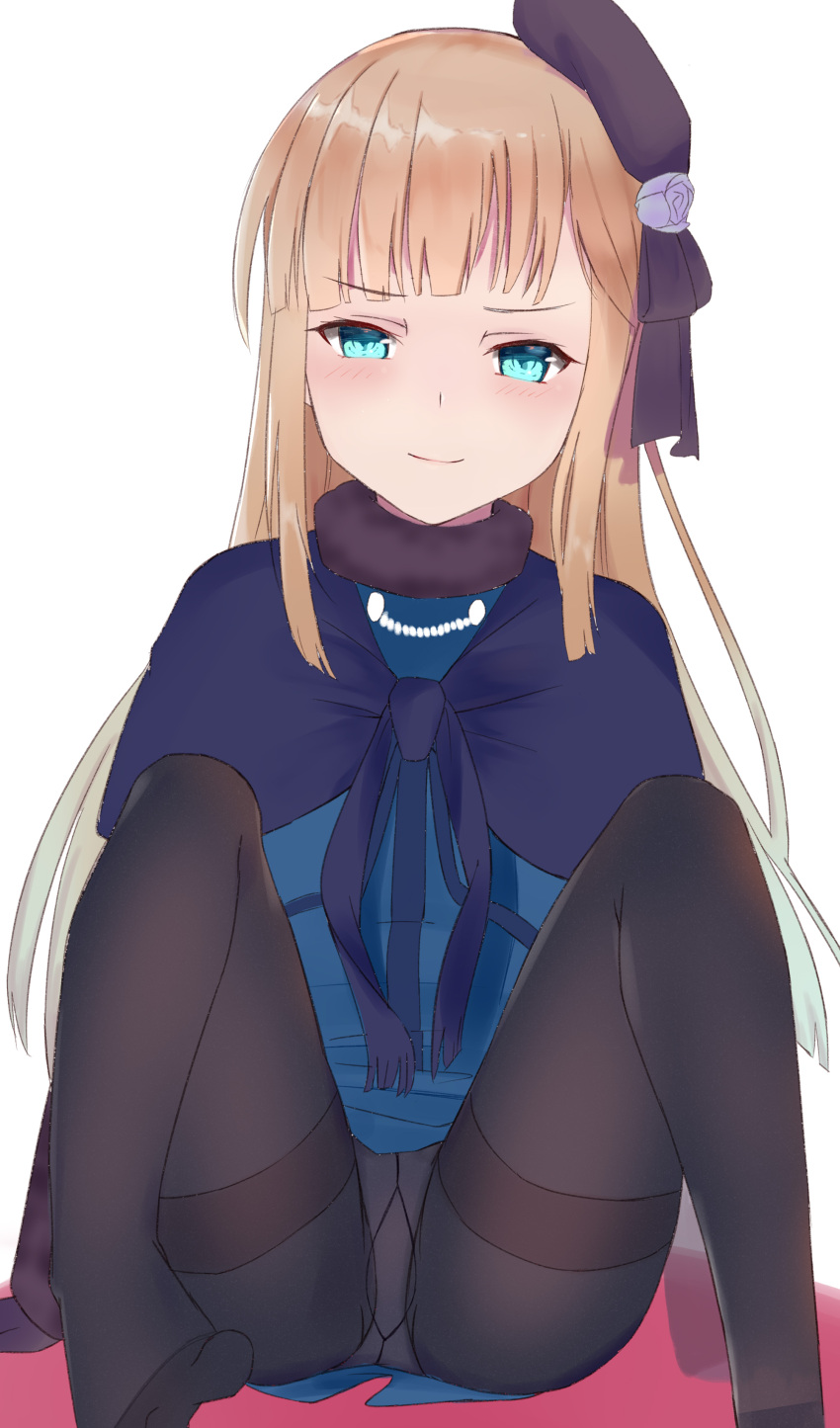 1girl absurdres bangs beret black_legwear blonde_hair blue_dress blue_eyes blush bow brown_bow brown_headwear closed_mouth commentary_request dress eyebrows_visible_through_hair fate_(series) feet_out_of_frame flower gusset hair_flower hair_ornament hat highres kara_(color1087) long_hair looking_at_viewer lord_el-melloi_ii_case_files no_shoes panties panties_under_pantyhose pantyhose purple_flower purple_rose reines_el-melloi_archisorte rose sitting smile solo thighband_pantyhose tilted_headwear underwear very_long_hair