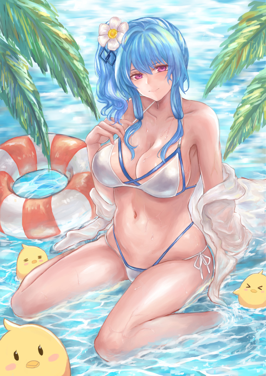 1girl absurdres ahoge azur_lane bangs bikini bird blue_hair blush breasts chick cleavage closed_mouth collarbone commentary_request flower hair_between_eyes hair_flower hair_ornament hand_on_own_chest head_tilt highres large_breasts long_hair looking_at_viewer navel one_side_up outdoors side-tie_bikini sidelocks sitting solo st._louis_(azur_lane) swimsuit violet_eyes water white_bikini yuzhi_(sherisea0125)