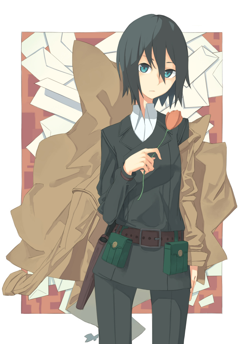 1girl absurdres androgynous aqua_eyes artist_request bangs belt belt_pouch black_hair black_jacket black_pants border brown_belt brown_coat coat coat_removed collared_shirt cowboy_shot envelope flower gun hair_between_eyes handgun hayashi_kewi highres holding holding_flower holster holstered_weapon jacket kino kino_no_tabi long_sleeves looking_at_viewer multicolored multicolored_background orange_background overcoat pants parted_lips pouch red_background reverse_trap revolver shirt shirt_under_jacket short_hair solo tomboy weapon white_border white_shirt