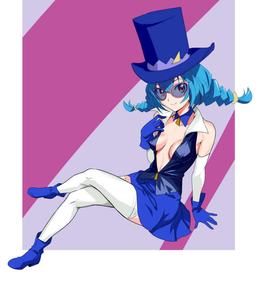 1girl bangs blue_cat blue_footwear blue_gloves blue_hair blue_headwear blue_skirt braid breasts breasts_apart closed_mouth elbow_gloves full_body gloves hair_between_eyes hat highres jacket long_hair looking_at_viewer medium_breasts miniskirt no_bra ontaros open_clothes open_jacket orange_eyes precure shoes simple_background sitting skirt smile solo star_twinkle_precure sunglasses thigh-highs thighs top_hat twin_braids white_legwear yuni_(precure) zettai_ryouiki