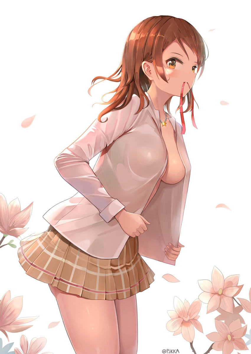 1girl absurdres bangs blouse blush breasts brown_eyes brown_hair commentary_request flower from_side highres houjou_karen idolmaster idolmaster_cinderella_girls idolmaster_cinderella_girls_starlight_stage jewelry leaning_forward light_brown_skirt long_hair medium_breasts miniskirt mouth_hold necklace no_bra open_blouse open_clothes petals pjkka plaid plaid_skirt pleated_skirt skirt solo swept_bangs thick_eyebrows twitter_username