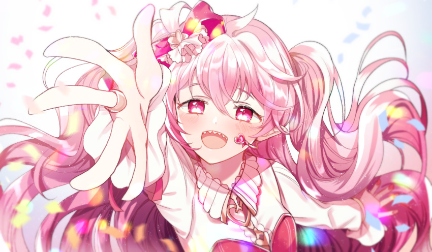 1girl :d blush bow dabi_(dabibubi) elsword fingernails hair_bow headset idol jewelry laby_(elsword) long_hair open_mouth outstretched_hand petals pink_bow pink_eyes pink_hair ring sharp_teeth shirt smile solo teeth upper_body white_background