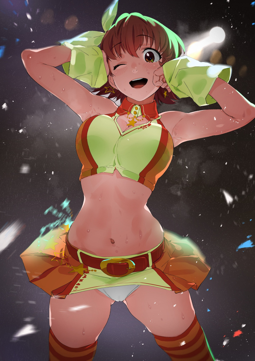 1girl ;d armpits bangs bare_shoulders belt blush bow breasts brown_eyes brown_hair cleavage cleavage_cutout commentary_request crop_top detached_sleeves earrings hair_between_eyes hair_bow highres honda_mio idol idolmaster idolmaster_cinderella_girls jewelry kitou_sakeru large_breasts looking_at_viewer navel one_eye_closed open_mouth orange_legwear orange_skirt panties short_hair skindentation skirt smile solo star star_earrings striped striped_legwear sunset_nostalgie sweat thighs underwear white_panties yellow_bow