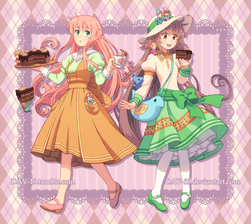 apron argyle argyle_background artist_name bow brown_eyes brown_hair buttons cake crossover cuffs cup dav-19 diamond_(shape) dog dress drink english_text everyone fairy flower food full_body green_bow green_eyes green_footwear green_skirt hanato_kobato happy hat holding holding_drink holding_food ioryogi jinrui_wa_suitai_shimashita kobato. lace long_hair long_sleeves mary_janes open_mouth pantyhose pink_footwear pink_hair puffy_sleeves ribbon sailor_collar shoes skirt smile standing stuffed_animal stuffed_dog stuffed_toy sweets teacup text_focus tray watashi watashi_(jintai) watermark web_address white_headwear white_legwear