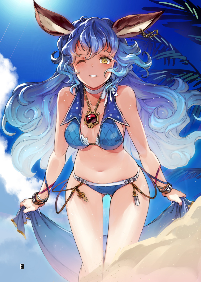 1girl animal_ears backlighting bare_shoulders bikini blue_bikini blue_hair blue_sky bracelet breasts choker day earrings erune ferry_(granblue_fantasy) granblue_fantasy highres jewelry long_hair medium_breasts navel necklace non-web_source one_eye_closed outdoors page_number sky solo super_zombie swimsuit wavy_hair wristband yellow_eyes