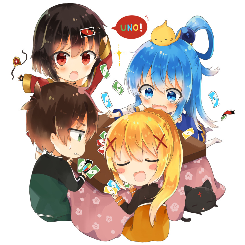 1boy 3girls animal animal_on_head aqua_(konosuba) bird bird_on_head black_hair blonde_hair blue_eyes blue_hair blush blush_stickers brown_hair chibi chick chomusuke closed_eyes commentary darkness_(konosuba) emperor_zel eyepatch eyepatch_removed fingerless_gloves gloves hair_ornament hair_rings highres jacket kono_subarashii_sekai_ni_shukufuku_wo! kotatsu long_hair multiple_girls on_head playing_games ponytail red_eyes satou_kazuma short_hair sitting speech_bubble sweatdrop table tears track_jacket track_suit triangle_mouth uno_(game) white_background x_hair_ornament yuno_(suke_yuno)