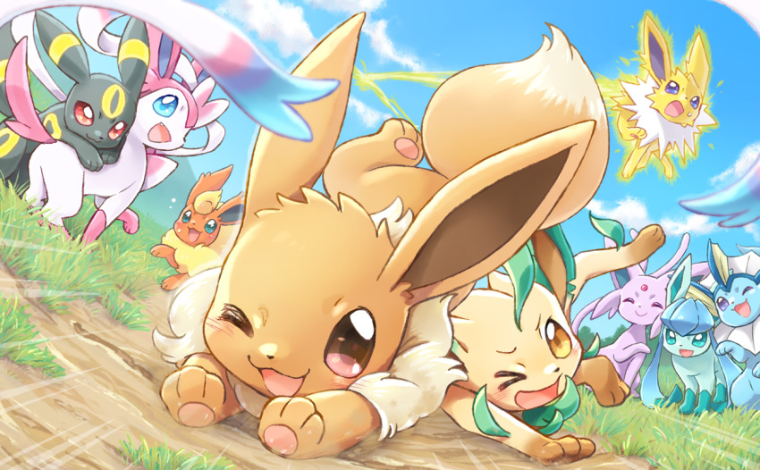 :d :o ;d blue_eyes blue_sky blush brown_eyes clouds creatures_(company) day dutch_angle eevee espeon flareon forehead_jewel game_freak gen_1_pokemon gen_2_pokemon gen_4_pokemon gen_6_pokemon glaceon grass jolteon leafeon looking_at_viewer motion_lines nintendo no_humans one_eye_closed open_mouth outdoors pokemon pokemon_(creature) red_eyes sky smile sweatdrop sylveon tripping umbreon vaporeon wataametulip