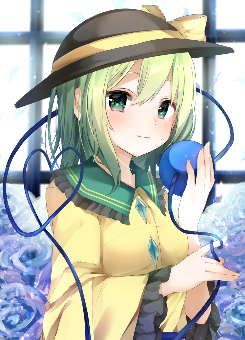 1girl absurdres bangs black_headwear blush bow breasts commentary_request frilled_shirt_collar frilled_sleeves frills green_eyes green_hair hair_between_eyes hand_up hat hat_bow heart heart_of_string highres karasusou_nano koishi_day komeiji_koishi light_smile long_sleeves looking_at_viewer short_hair small_breasts solo third_eye touhou upper_body wide_sleeves yellow_bow