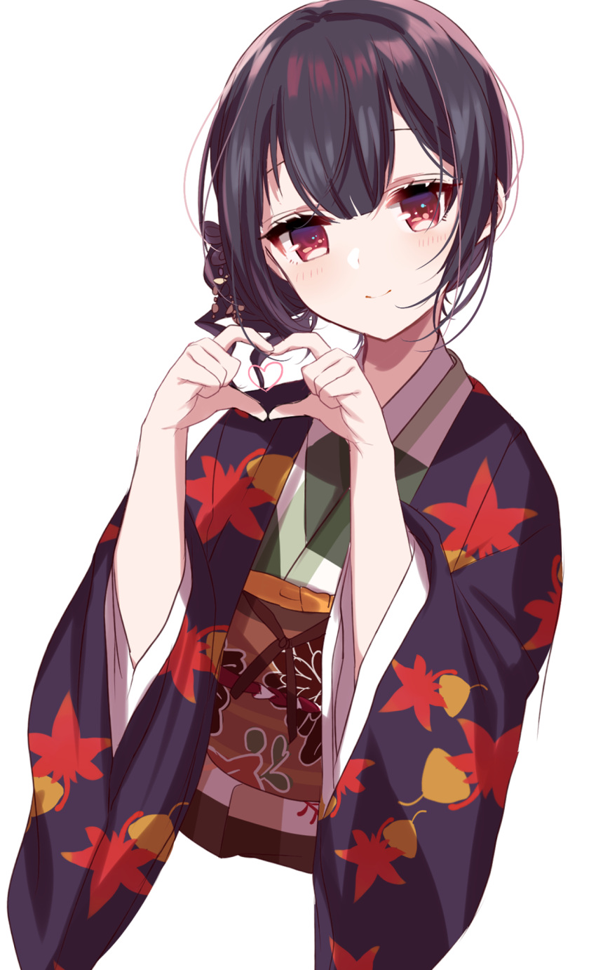 1girl bangs black_hair blush closed_mouth cropped_torso eyebrows_visible_through_hair fingernails green_kimono hair_between_eyes hands_up head_tilt heart heart_hands highres idolmaster idolmaster_shiny_colors japanese_clothes kimono leaf_print long_sleeves misumi_(macaroni) morino_rinze obi open_clothes red_eyes sash simple_background smile solo upper_body white_background wide_sleeves