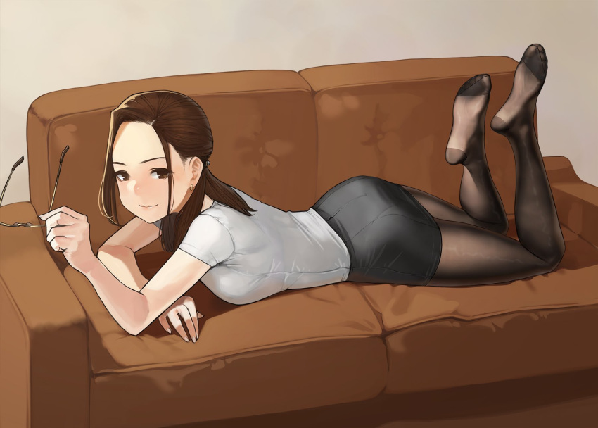 1girl ass black_skirt breasts brown_eyes brown_hair commentary_request couch earrings eyewear_removed feet feet_up fine_fabric_emphasis forehead glasses gold-framed_eyewear hair_ornament highres holding holding_eyewear jewelry long_hair looking_at_viewer lying medium_breasts miru_tights okuzumi_yuiko on_stomach pantyhose pencil_skirt semi-rimless_eyewear shirt skirt smile soles solo thighs white_shirt yomu_(sgt_epper)