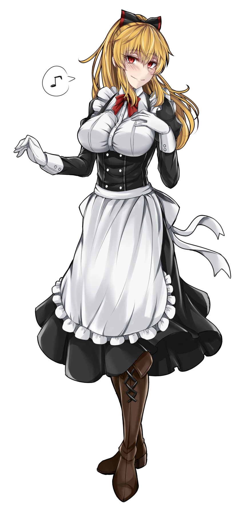 1girl absurdres alternate_costume apron black_bow blonde_hair blush boots bow breasts commentary_request enmaided gloves granblue_fantasy hair_bow highres large_breasts long_hair maid maid_apron musical_note pantyhose ponytail red_bow red_eyes sanmotogoroo smile solo spoken_musical_note vira_lilie white_background white_gloves