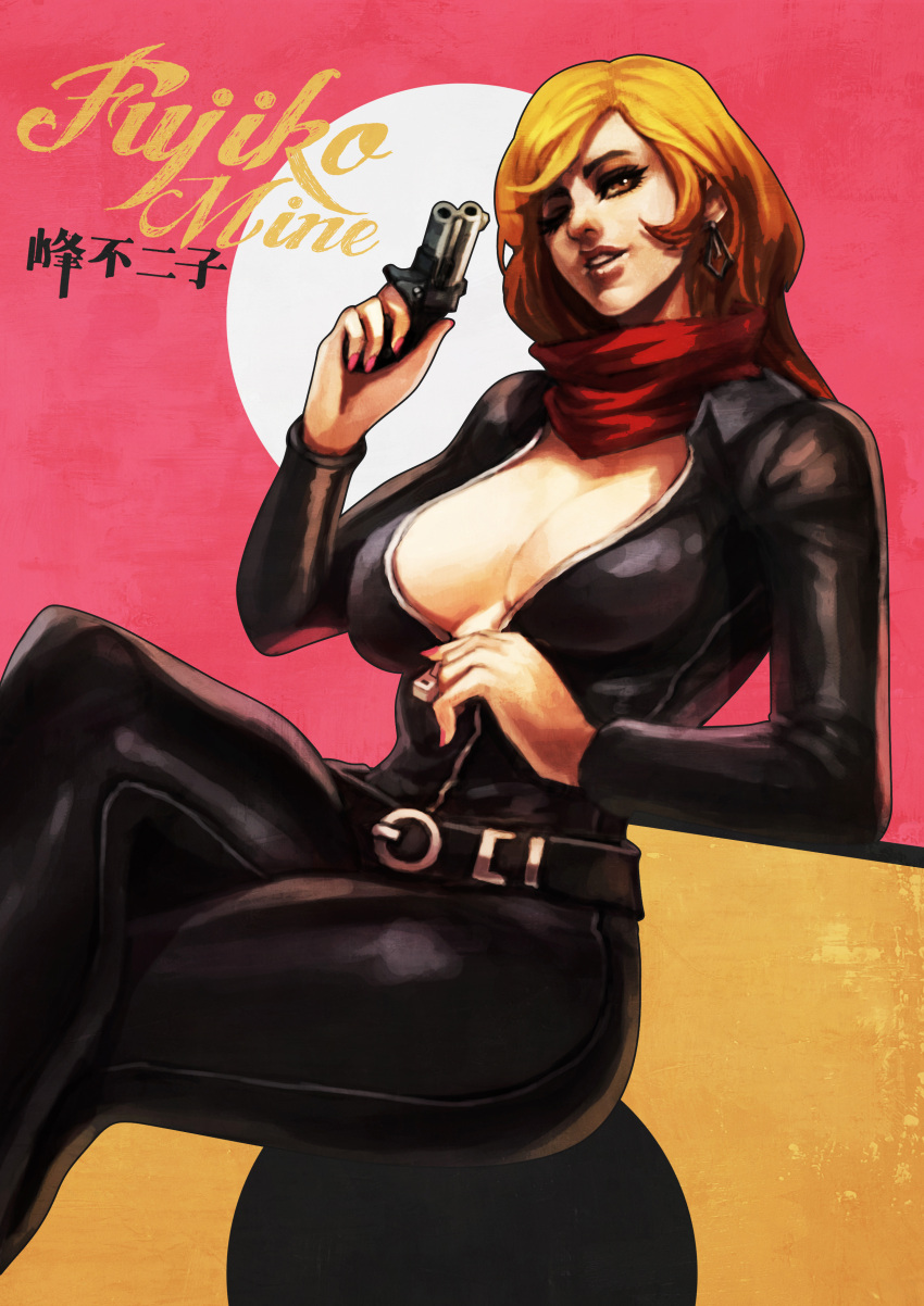1girl ;) absurdres belt black_bodysuit blonde_hair bodysuit breasts catsuit character_name cleavage commentary derringer earrings english_commentary eyebrows_visible_through_hair eyelashes full-length_zipper full_body gun handgun highres holding holding_gun holding_weapon jewelry large_breasts legs_crossed lips long_hair lupin_iii mine_fujiko monori_rogue nail_polish no_bra nose one_eye_closed pink_nails red_scarf scarf sitting smile solo unzipping weapon zipper zipper_pull_tab