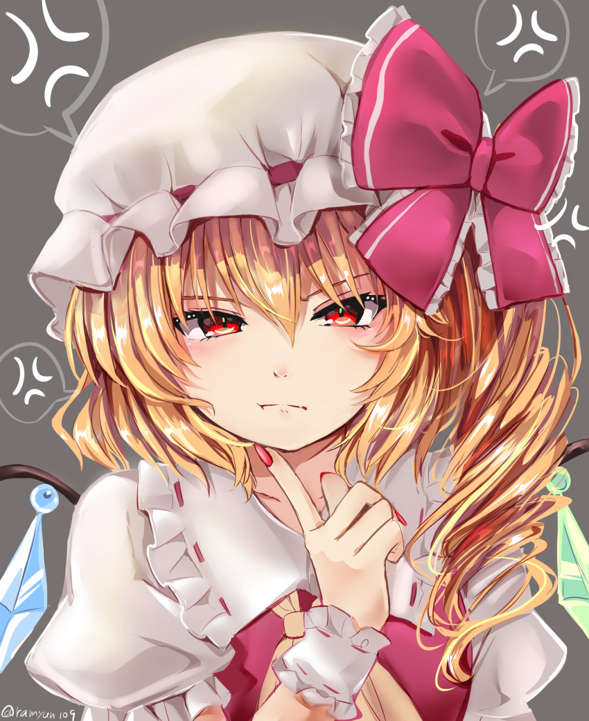1girl :t anger_vein ascot bangs blonde_hair blush bow collarbone commentary_request crystal finger_to_chin flandre_scarlet frilled_bow frilled_shirt_collar frills grey_background hair_between_eyes hand_up hat hat_bow highres index_finger_raised long_hair looking_at_viewer mob_cap nail_polish one_side_up puffy_short_sleeves puffy_sleeves ramudia_(lamyun) red_bow red_eyes red_nails red_vest ribbon-trimmed_collar ribbon_trim shirt short_sleeves simple_background solo spoken_anger_vein touhou upper_body vest white_headwear white_shirt wings yellow_neckwear