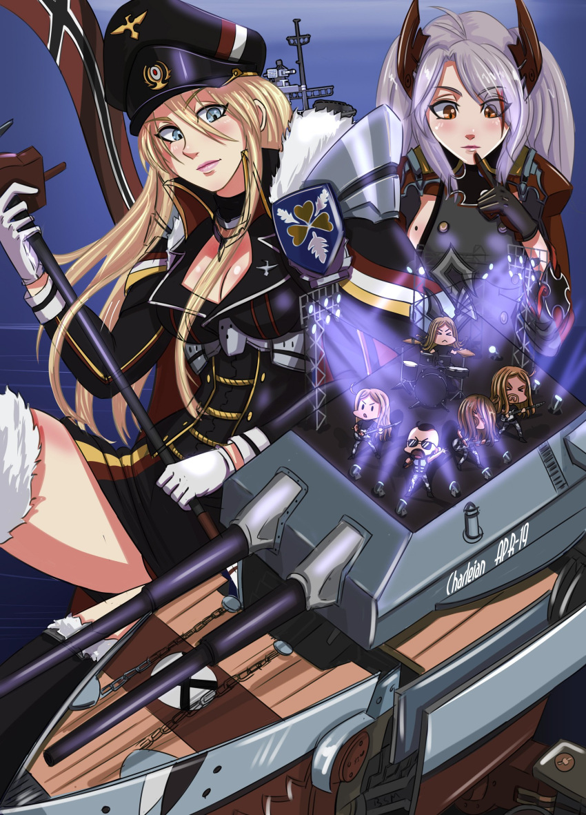 2girls 5boys absurdres azur_lane bangs bismarck_(azur_lane) black_legwear blonde_hair blue_eyes breasts charleianbrown cleavage drum drum_set drumsticks electric_guitar eyebrows_visible_through_hair finger_to_mouth flag flag_print gloves guitar hair_between_eyes hat headgear highres instrument iron_cross long_hair military military_uniform mole mole_on_breast multicolored_hair multiple_boys multiple_girls prinz_eugen_(azur_lane) redhead rigging rock_band sabaton_(band) sideboob silver_hair streaked_hair sunglasses two_side_up uniform