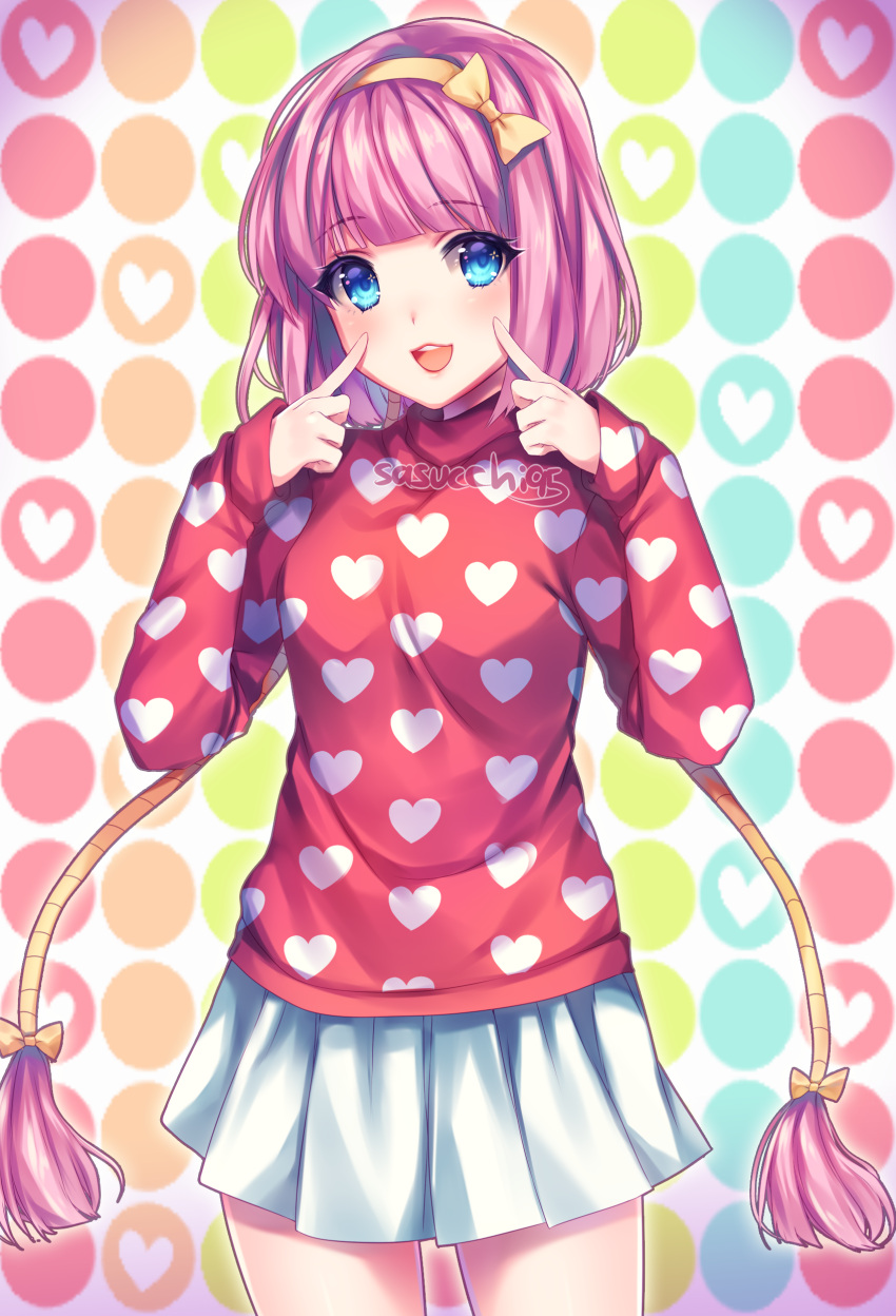 1girl absurdres artist_name blue_eyes blush bow breasts eyebrows_visible_through_hair hair_bow hairband heart heart_print highres index_fingers_raised long_hair long_sleeves looking_at_viewer medium_breasts open_mouth original pink_hair red_shirt sasucchi95 shirt signature skirt sleeves_past_wrists smile solo twintails very_long_hair white_skirt yellow_bow