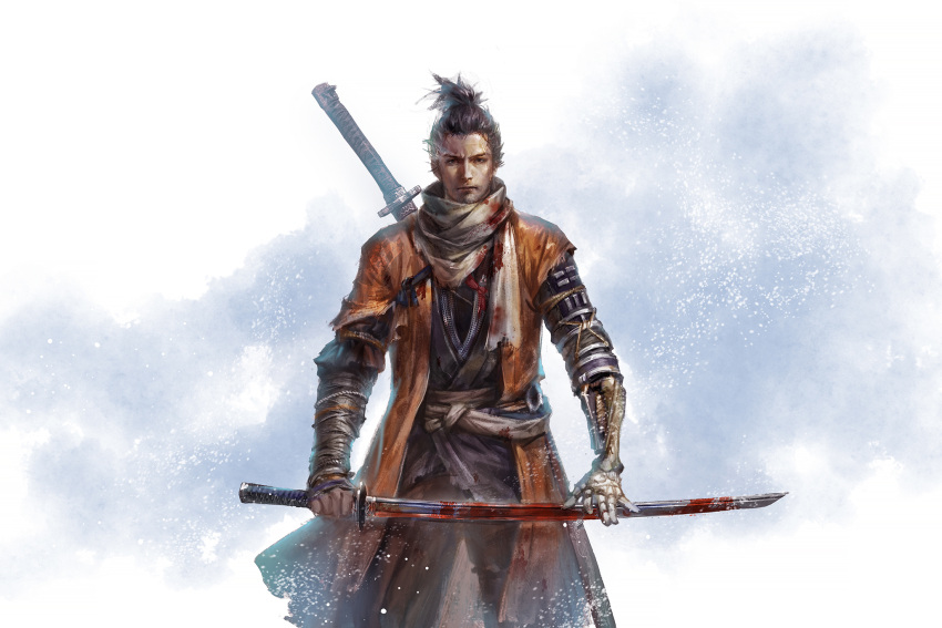 1boy black_hair blood bloody_clothes bloody_weapon cdash817 facial_hair hakama highres holding holding_sword holding_weapon japanese_clothes katana male_focus mechanical_arm ninja prosthesis prosthetic_arm realistic scar scar_across_eye scarf sekiro sekiro:_shadows_die_twice solo standing stubble sword topknot weapon weapon_on_back