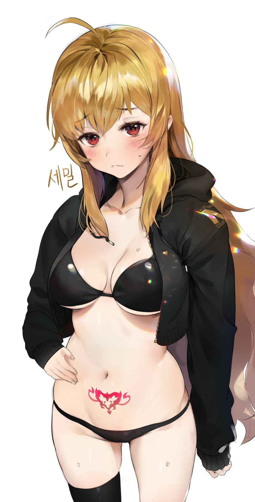0000_(asd7083) 1girl absurdres ahoge bangs bikini black_bikini black_jacket black_legwear blush breasts cleavage collarbone eyebrows_visible_through_hair frown groin hair_between_eyes hand_on_hip heart_tattoo highres hood hooded_jacket jacket large_breasts long_hair looking_at_viewer navel open_clothes open_jacket original pubic_tattoo red_eyes sidelocks simple_background single_thighhigh skindentation solo stomach stomach_tattoo sweat swimsuit tattoo thigh-highs white_background zipper