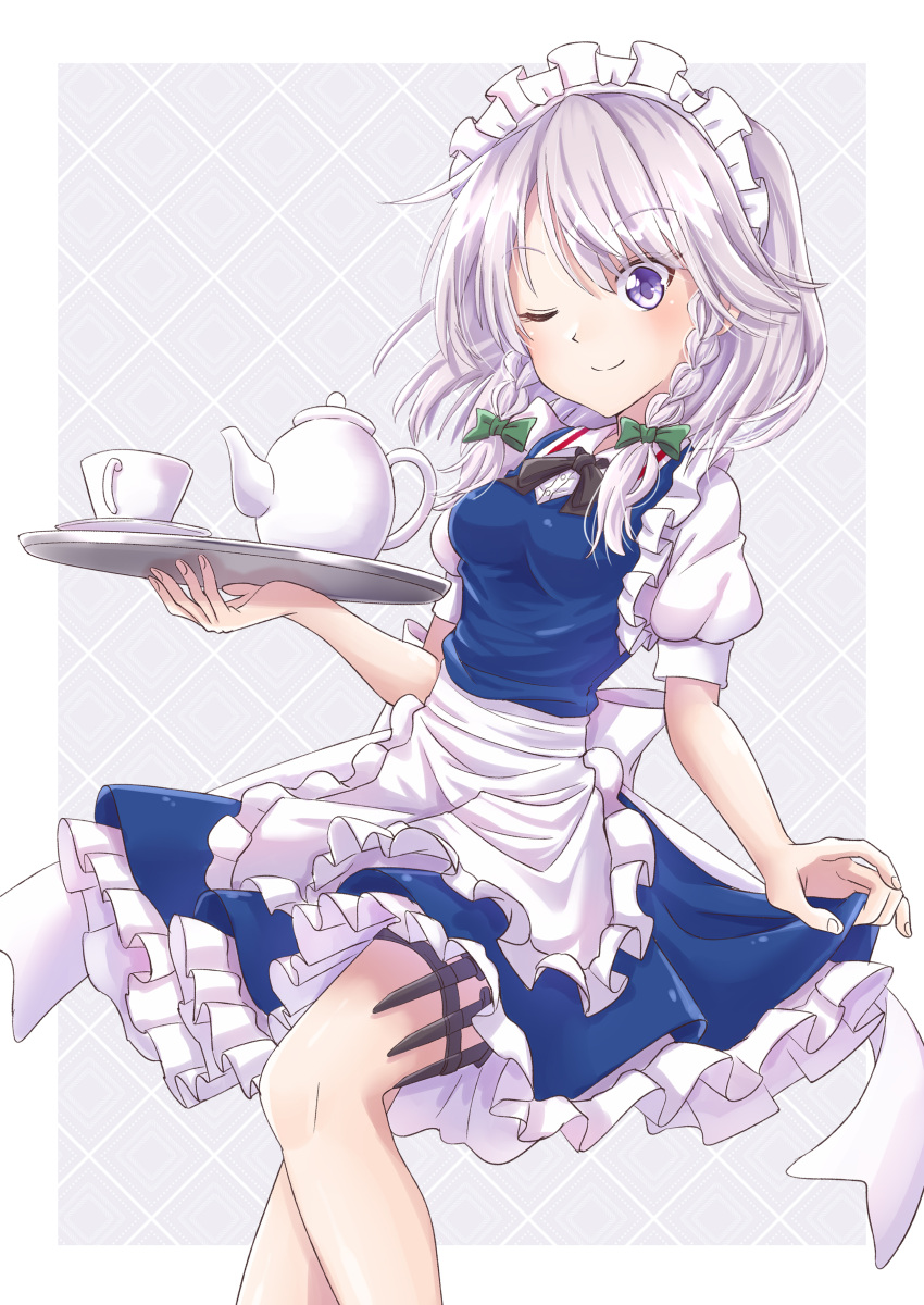 1girl absurdres apron bangs black_neckwear blue_dress blush bow braid breasts closed_mouth commentary_request cup dress eyebrows_visible_through_hair frilled_apron frilled_skirt frills green_bow hair_between_eyes highres izayoi_sakuya knife maid maid_apron maid_headdress medium_hair necktie one_eye_closed puffy_short_sleeves puffy_sleeves ramie_(ramie541) short_sleeves silver_hair simple_background skirt skirt_hold smile solo tea_set teacup thigh-highs touhou tray twin_braids violet_eyes weapon