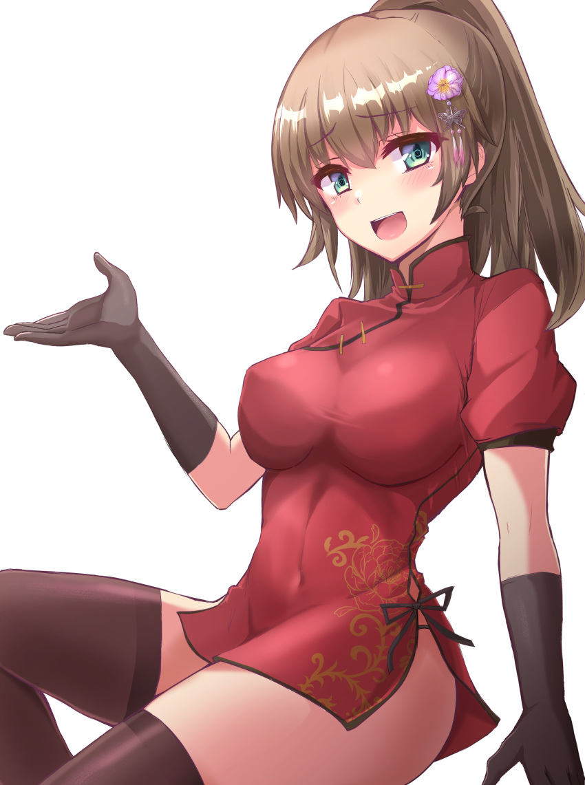 1girl absurdres bangs black_gloves black_ribbon blue_eyes blush breasts brown_hair character_request china_dress chinese_clothes commentary_request copyright_request dress eyebrows_visible_through_hair flower gloves hair_between_eyes hair_flower hair_ornament highres kihou_no_gotoku_dmc large_breasts long_hair looking_at_viewer navel open_mouth ponytail red_dress ribbon short_dress short_sleeves simple_background solo thigh-highs white_background