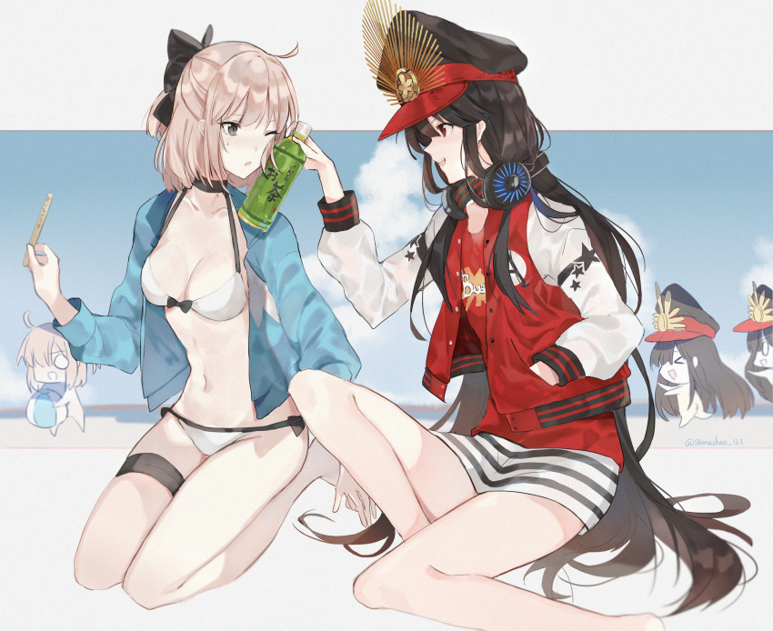 2girls ahoge ball beach beachball bikini black_hair bottle bottle_to_cheek bow breasts buster_shirt chibi cleavage collarbone fate_(series) grey_eyes hair_bow hands_in_pockets headphones headphones_around_neck highres jacket jacket_over_swimsuit letterman_jacket long_hair long_sleeves looking_at_another medium_breasts multiple_girls navel oda_nobunaga_(fate) oda_nobunaga_(swimsuit_berserker)_(fate) okita_souji_(fate) okita_souji_(fate)_(all) open_mouth platinum_blonde_hair popsicle_stick red_eyes seiza shirt short_hair sitting smile sweatdrop swimsuit t-shirt thigh_strap very_long_hair white_bikini yurumawari