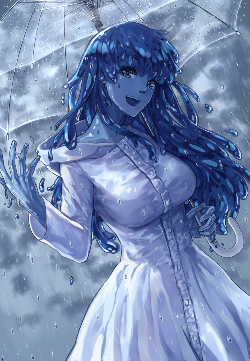 1girl :d blue_eyes blue_hair blue_skin commentary english_commentary goo_girl hand_up highres hood hood_down long_hair long_sleeves looking_at_viewer monster_girl naked_raincoat open_mouth original rain raincoat smile solo transparent transparent_umbrella umbrella zakirsiz