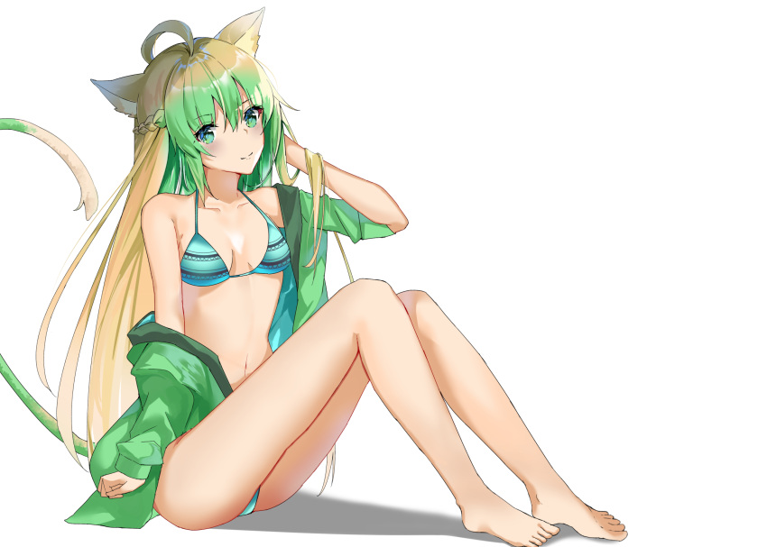 ahoge animal_ears ass atalanta_(fate) bare_legs bare_shoulders barefoot bikini braid breasts cat_ears cat_tail collarbone commentary_request eyebrows_visible_through_hair fate/apocrypha fate/grand_order fate_(series) feet green_bikini green_jacket hair_between_eyes highres jacket long_hair long_sleeves looking_at_viewer navel simple_background small_breasts swimsuit tail tukise_33 white_background