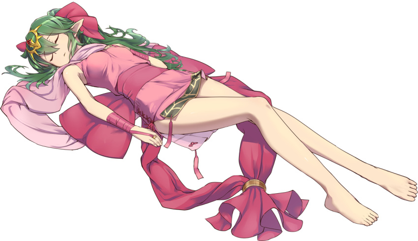 1girl barefoot bow breasts chiki child cute dress fire_emblem fire_emblem:_mystery_of_the_emblem hair_bow intelligent_systems long_hair lying mamkute nintendo on_back pointy_ears ponytail sleeping sleeveless sleeveless_dress small_breasts uro_(oolong) white_background young