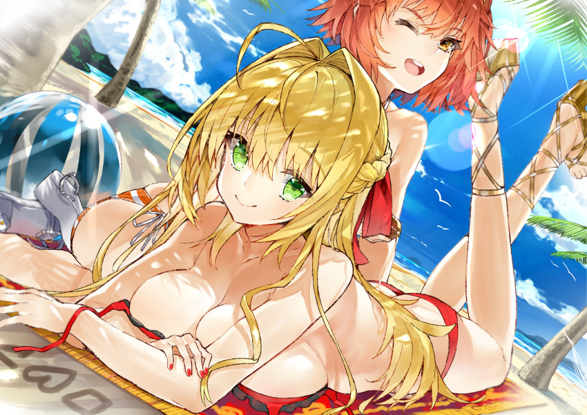2girls ;d absurdres ahoge alternate_costume ass beach bikini bird blonde_hair blue_sky braid breasts closed_mouth cross-laced_footwear day dutch_angle eyebrows_visible_through_hair fate/grand_order fate_(series) fujimaru_ritsuka_(female) green_eyes hair_intakes hair_ribbon high_heels highres horizon kou_mashiro large_breasts lens_flare long_hair looking_at_viewer lying multiple_girls nero_claudius_(fate)_(all) nero_claudius_(swimsuit_caster)_(fate) on_stomach one_eye_closed open_mouth outdoors red_bikini redhead ribbon sandals side_braid sidelocks sitting sky smile striped striped_bikini swimsuit untied untied_bikini upper_teeth