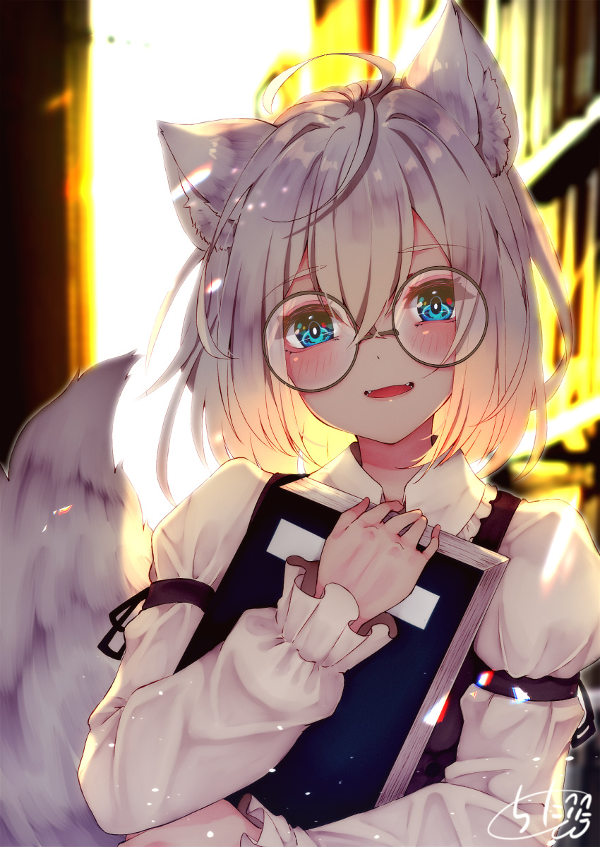 1girl :d ahoge animal_ear_fluff animal_ears backlighting bangs blue_eyes blurry blurry_background blush book brown-framed_eyewear chita_(ketchup) commentary_request depth_of_field eyebrows_visible_through_hair fangs fox_ears fox_girl fox_tail glasses hair_between_eyes highres long_sleeves looking_at_viewer object_hug open_mouth original puffy_long_sleeves puffy_sleeves round_eyewear shirt signature sleeves_past_wrists smile solo tail tail_raised upper_body white_shirt