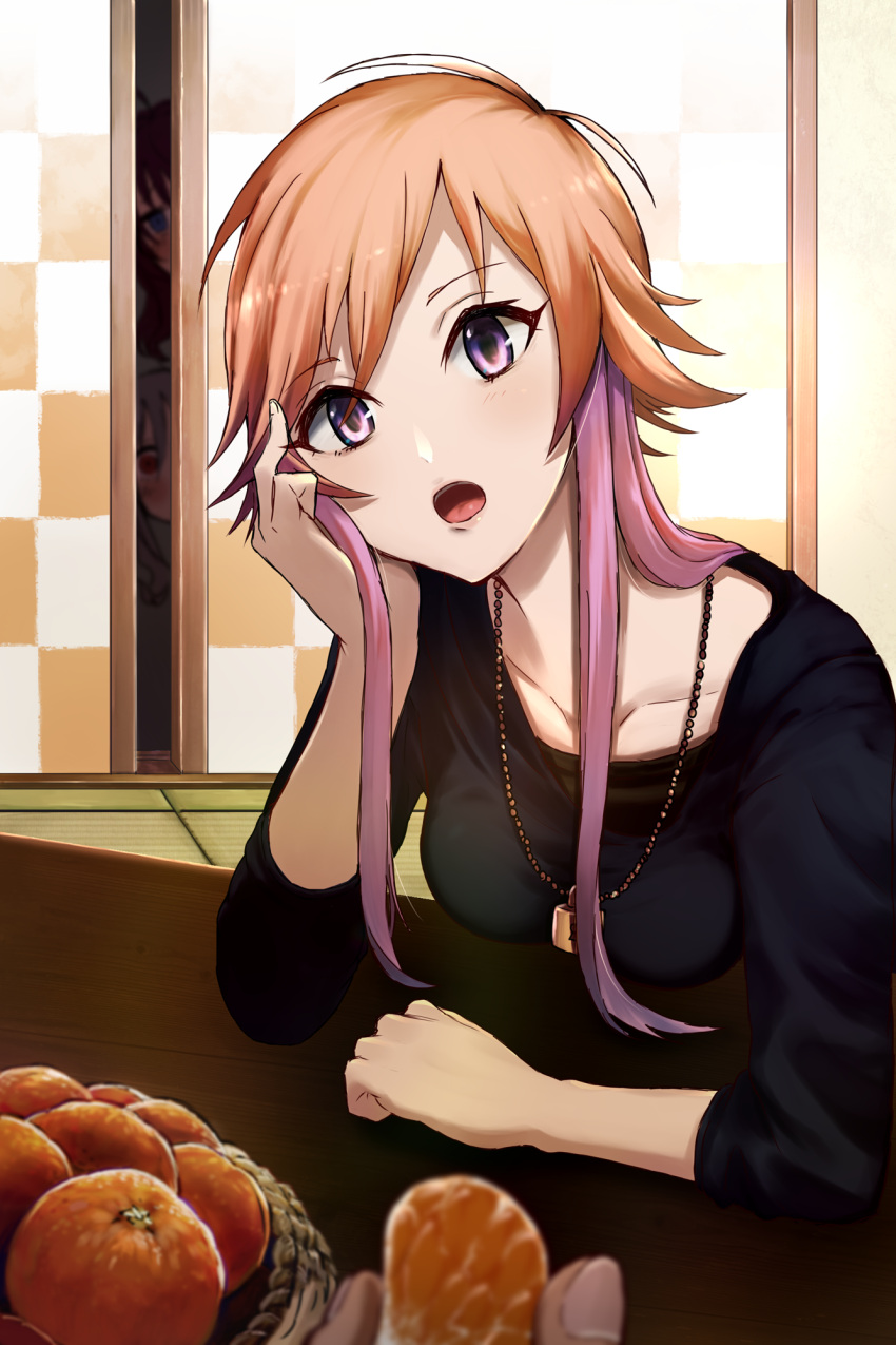 3girls black_shirt brown_hair collarbone food fruit hair_between_eyes head_rest highres idolmaster idolmaster_cinderella_girls indoors jewelry long_hair long_sleeves mandarin_orange multicolored_hair multiple_girls necklace ninomiya_asuka open_mouth pink_eyes pink_hair rerere shirt sitting solo_focus two-tone_hair upper_body