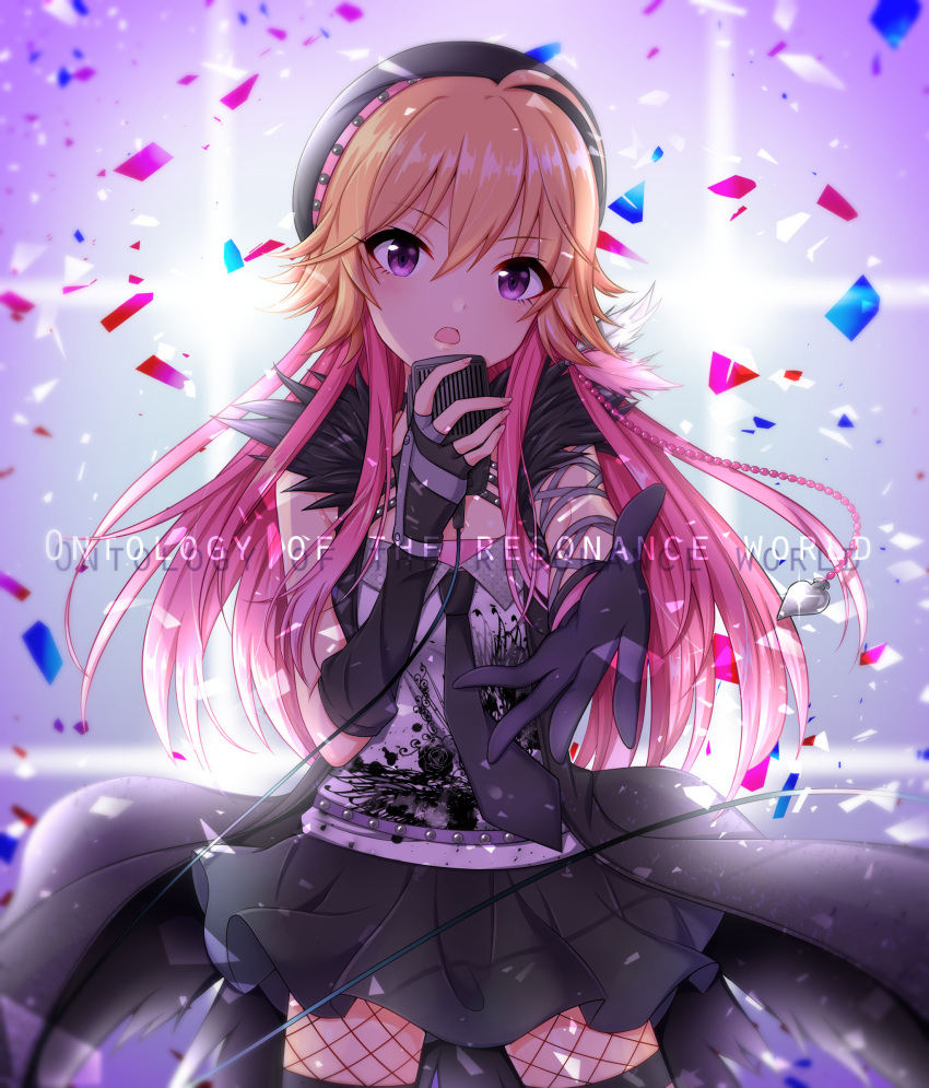 1girl asymmetrical_gloves black_gloves black_headwear black_legwear black_skirt blonde_hair cowboy_shot elbow_gloves eyebrows_visible_through_hair fingerless_gloves fishnet_legwear fishnets floating_hair garter_straps gloves hair_between_eyes hat highres holding holding_microphone idolmaster idolmaster_cinderella_girls long_hair looking_at_viewer microphone miniskirt ninomiya_asuka open_mouth pink_hair pleated_skirt sayuringo skirt solo standing thigh-highs very_long_hair violet_eyes