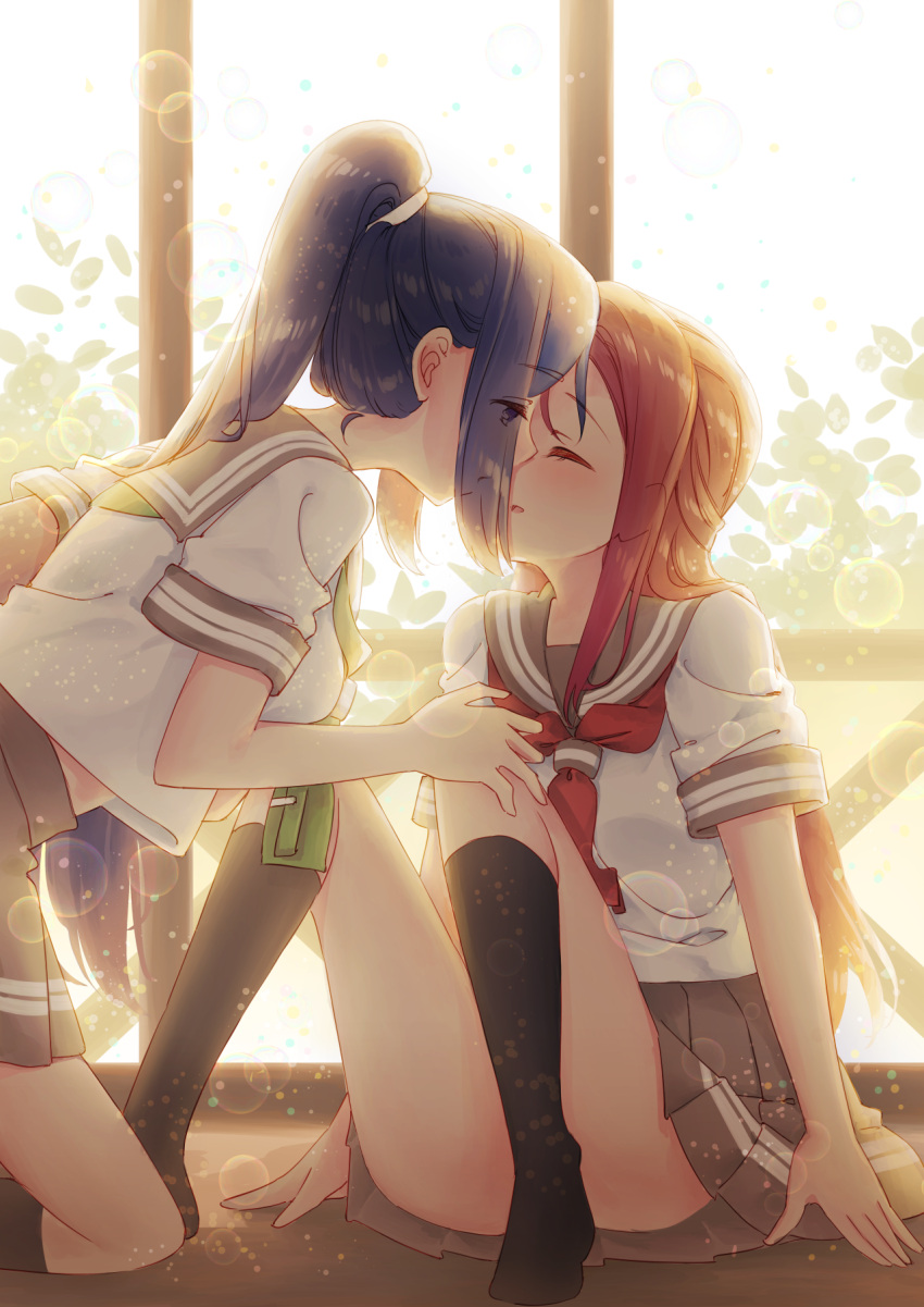 2girls black_legwear blue_hair closed_eyes eyebrows_visible_through_hair eyes_visible_through_hair green_neckwear grey_sailor_collar grey_skirt hand_on_another's_knee highres imminent_kiss kneehighs kneeling lens_flare long_hair love_live! love_live!_sunshine!! matsuura_kanan mimori_(cotton_heart) miniskirt multiple_girls neckerchief open_mouth pleated_skirt red_neckwear redhead sailor_collar sakurauchi_riko school_uniform serafuku shiny shiny_hair shirt short_sleeves sidelocks sitting skirt very_long_hair white_shirt yuri