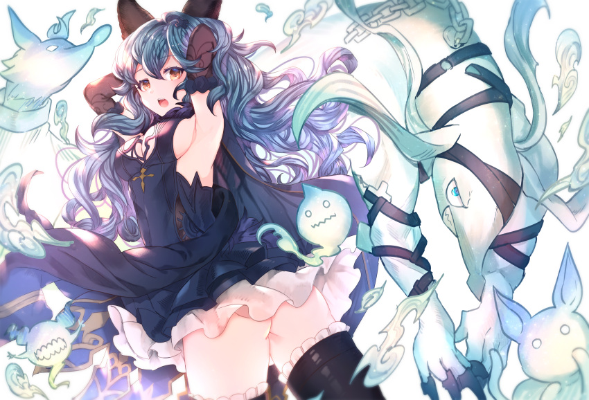 1girl absurdres animal_ears arms_up ass bare_shoulders black_gloves black_legwear blue_hair blush breasts brown_eyes cowboy_shot dress earrings erune ferry_(granblue_fantasy) floating_hair gloves granblue_fantasy highres huge_filesize jewelry long_hair looking_at_viewer medium_breasts purple_dress sideboob skirt sleeveless sleeveless_dress small_breasts solo sweetroad thigh-highs wavy_hair wind