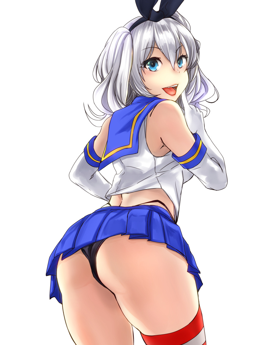 1girl absurdres ass black_panties blue_eyes blue_sailor_collar blue_skirt commentary_request cosplay cowboy_shot crop_top elbow_gloves eureka_(eureka-0075) from_behind gloves highleg highleg_panties highres kantai_collection kashima_(kantai_collection) lips looking_at_viewer microskirt miniskirt open_mouth panties pleated_skirt sailor_collar shimakaze_(kantai_collection) shimakaze_(kantai_collection)_(cosplay) sidelocks signature silver_hair simple_background skirt smile solo striped striped_legwear thigh-highs twintails underwear upper_teeth wavy_hair white_background white_gloves