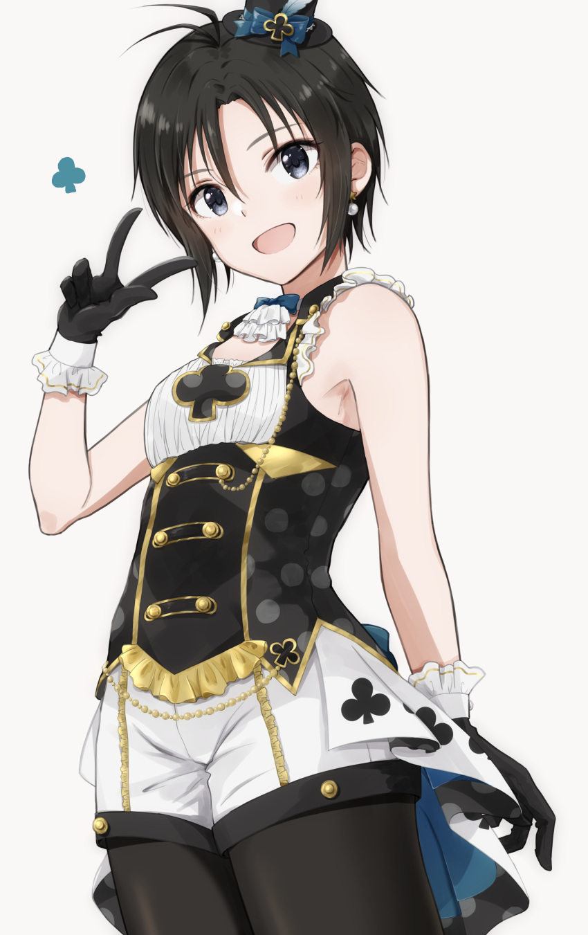 1girl :d absurdres bangs black_corset black_eyes black_gloves black_hair blue_bow bow breasts club_(shape) corset cowlick earrings gloves hair_between_eyes half_gloves hat highres idolmaster idolmaster_(classic) idolmaster_2 idolmaster_million_live! jewelry kikuchi_makoto legwear_under_shorts light_blush looking_at_viewer mini_hat mini_top_hat mogskg open_mouth pantyhose parted_bangs pearl_earrings polka_dot short_hair shorts simple_background sleeveless small_breasts smile solo top_hat v white_background white_shorts