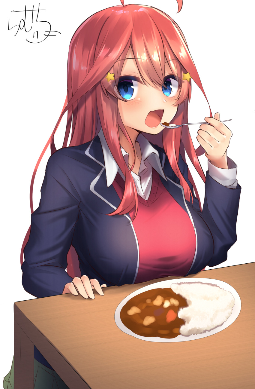 1girl ahoge bangs blazer blue_eyes blue_jacket blush breasts collared_shirt commentary_request curry curry_rice dress_shirt eyebrows_visible_through_hair food go-toubun_no_hanayome green_skirt hair_between_eyes hand_up highres holding holding_spoon jacket large_breasts long_hair looking_at_viewer nakano_itsuki open_blazer open_clothes open_jacket open_mouth plate pleated_skirt ramchi redhead rice shirt signature simple_background skirt solo spoon star sweater_vest table very_long_hair white_background white_shirt