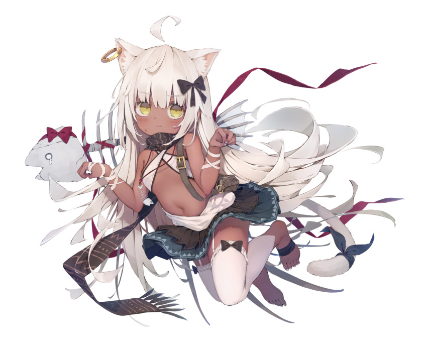 1girl absurdres ahoge animal_ear_fluff animal_ears bandage bandaged_arm bandages bangs bare_shoulders black_ribbon blue_skirt bow cat_ears cat_girl cat_tail closed_mouth commentary dolphro-kun ear_piercing eyebrows_visible_through_hair fish_bone hair_between_eyes hands_up highres navel original piercing pleated_skirt red_bow ribbon simple_background skeleton skirt solo symbol_commentary tail tail_ribbon teardrop toenails wavy_mouth white_background white_hair white_legwear yellow_eyes