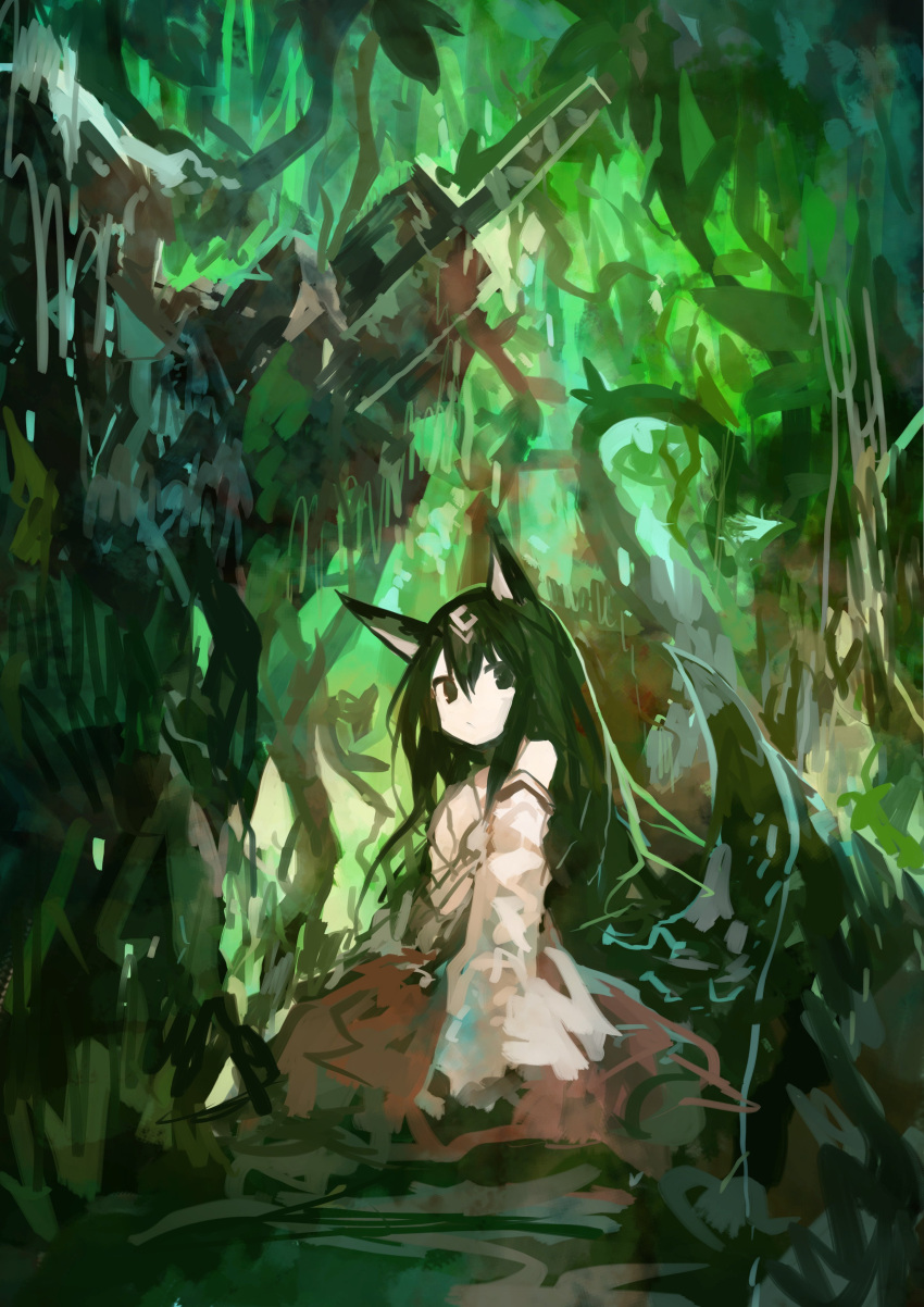 1girl absurdres animal_ears black_eyes black_hair commentary_request green_theme hair_between_eyes hakama headpiece highres japanese_clothes kaamin_(mariarose753) long_hair long_sleeves looking_at_viewer miko off_shoulder original pale_skin plant red_hakama sitting sketch solo tail vines