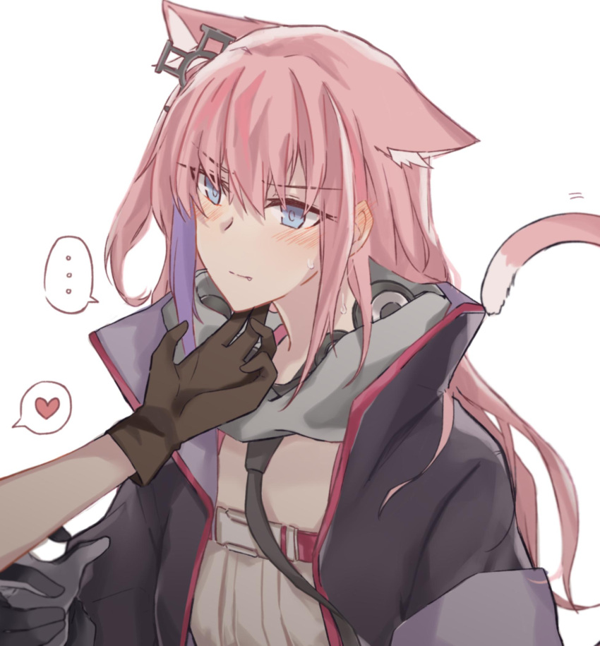 1girl animal_ears black_gloves blue_eyes blush brown_gloves cat_ears cat_tail character_request copyright_request fang gloves heart highres long_hair pink_hair solo solo_focus spoken_heart sweat tail white_background yuutama2804