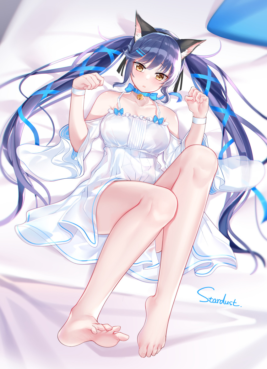 1girl animal_ears azur_lane barefoot bell bell_collar blue_hair bow breasts collar dress dust_(394652411) essex_(azur_lane) fake_animal_ears feet hair_ornament hair_ribbon hairclip highres large_breasts on_bed open_mouth ribbon twintails white_dress yellow_eyes