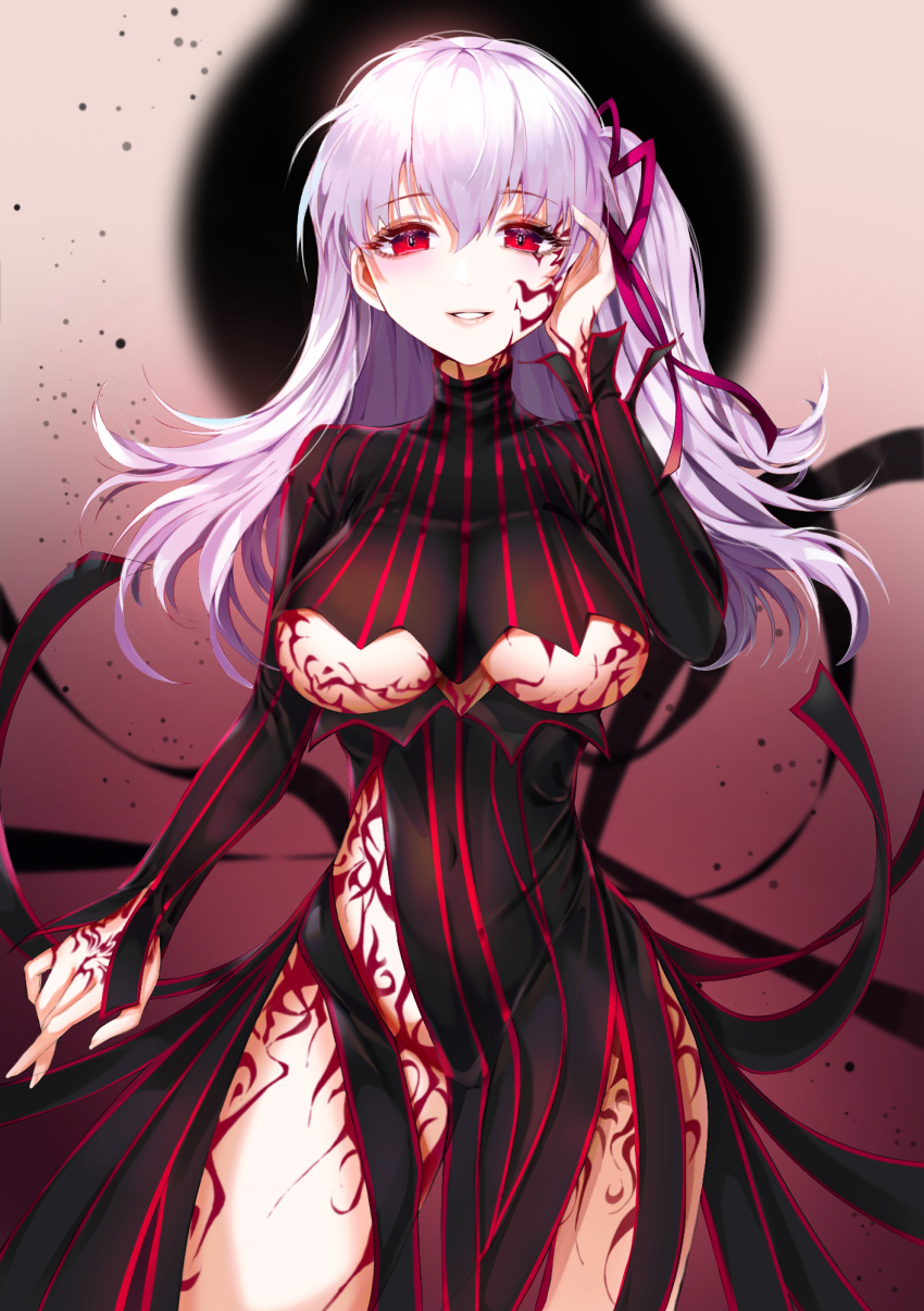 1girl black_dress breasts cowboy_shot dark_persona dark_sakura dress ei_(tndusdldu) facial_mark fate/stay_night fate_(series) hair_ribbon heaven's_feel highres long_hair looking_at_viewer matou_sakura medium_breasts red_eyes red_ribbon ribbon solo standing turtleneck under_boob white_hair