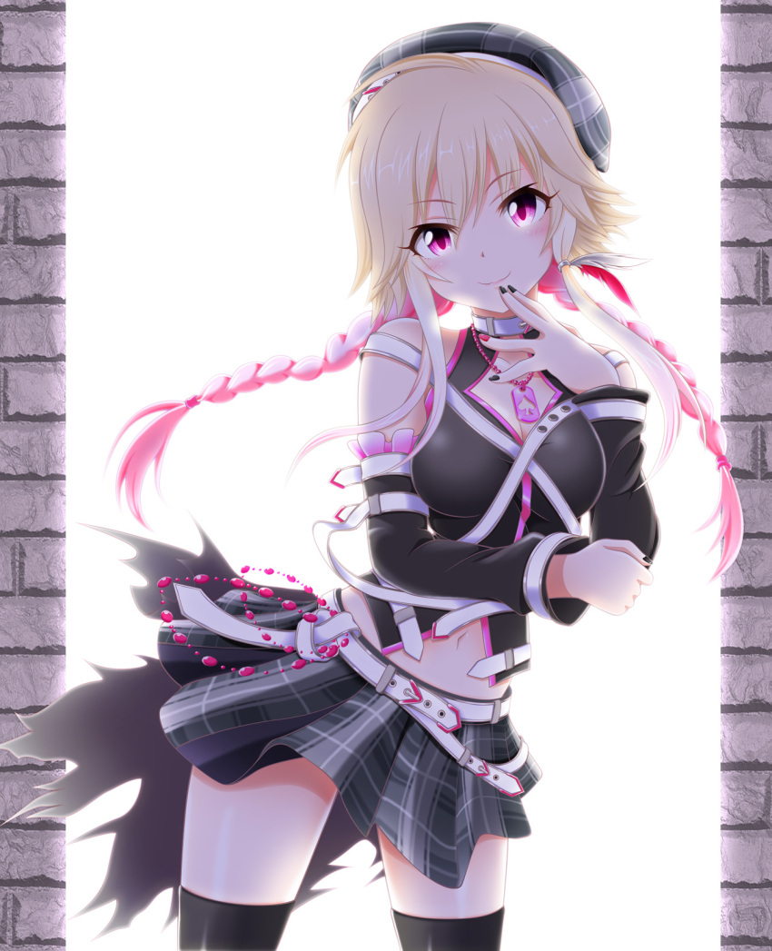 1girl across_the_stars belt black_legwear black_nails black_sleeves blonde_hair breasts cleavage contrapposto cowboy_shot detached_sleeves eva_16-gouki floating_hair grey_skirt hair_between_eyes hat highres idolmaster idolmaster_cinderella_girls idolmaster_cinderella_girls_starlight_stage long_hair long_sleeves looking_at_viewer medium_breasts midriff miniskirt multicolored multicolored_nails nail_polish navel ninomiya_asuka pink_eyes pink_hair plaid plaid_skirt pleated_skirt red_nails simple_background skirt smile solo standing stomach thigh-highs white_background zettai_ryouiki