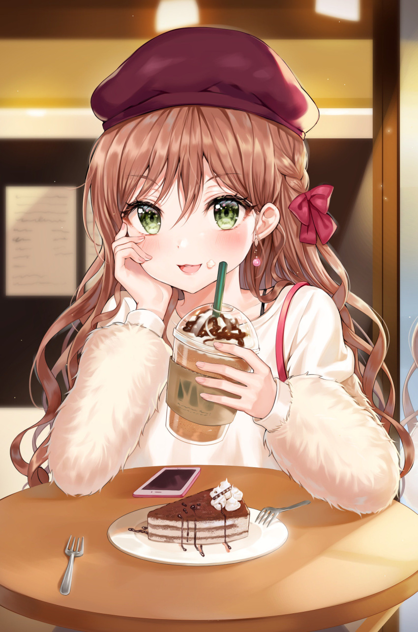1girl absurdres blush bra_strap braid brown_hair cellphone character_request collarbone commentary_request copyright_request cup drinking_straw eyebrows_visible_through_hair green_eyes highres holding holding_cup long_hair long_sleeves looking_at_viewer open_mouth phone pov_across_table red_headwear sitting smartphone smile solo tokkyu_(user_mwwe3558) very_long_hair wavy_hair