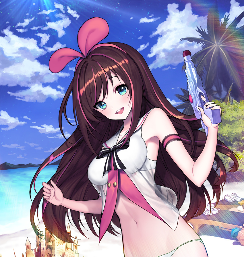 1girl a.i._channel adapted_costume bangs bare_legs bare_shoulders beach bikini black_hair blue_eyes bow breasts brown_hair clouds commentary_request day eyebrows_visible_through_hair gun hairband highres holding kizuna_ai kyundoo long_hair looking_at_viewer medium_breasts multicolored_hair navel outdoors pink_hair pink_hairband sand_castle sand_sculpture shirt sky smile solo streaked_hair sunlight swimsuit tree upper_teeth virtual_youtuber water water_gun weapon white_footwear