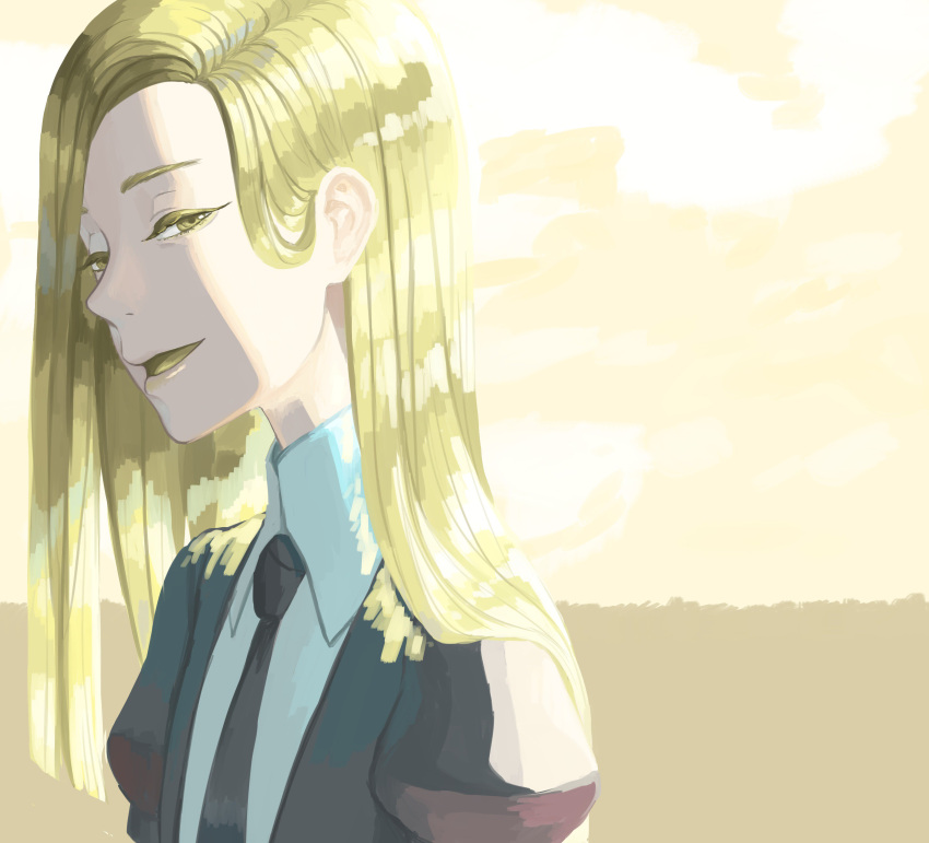 1other absurdres androgynous blonde_hair chrysoberyl_(houseki_no_kuni) colored_eyelashes crystal_hair gem_uniform_(houseki_no_kuni) highres houseki_no_kuni iciriini long_hair looking_at_viewer necktie open_mouth smile solo upper_body yellow_eyes