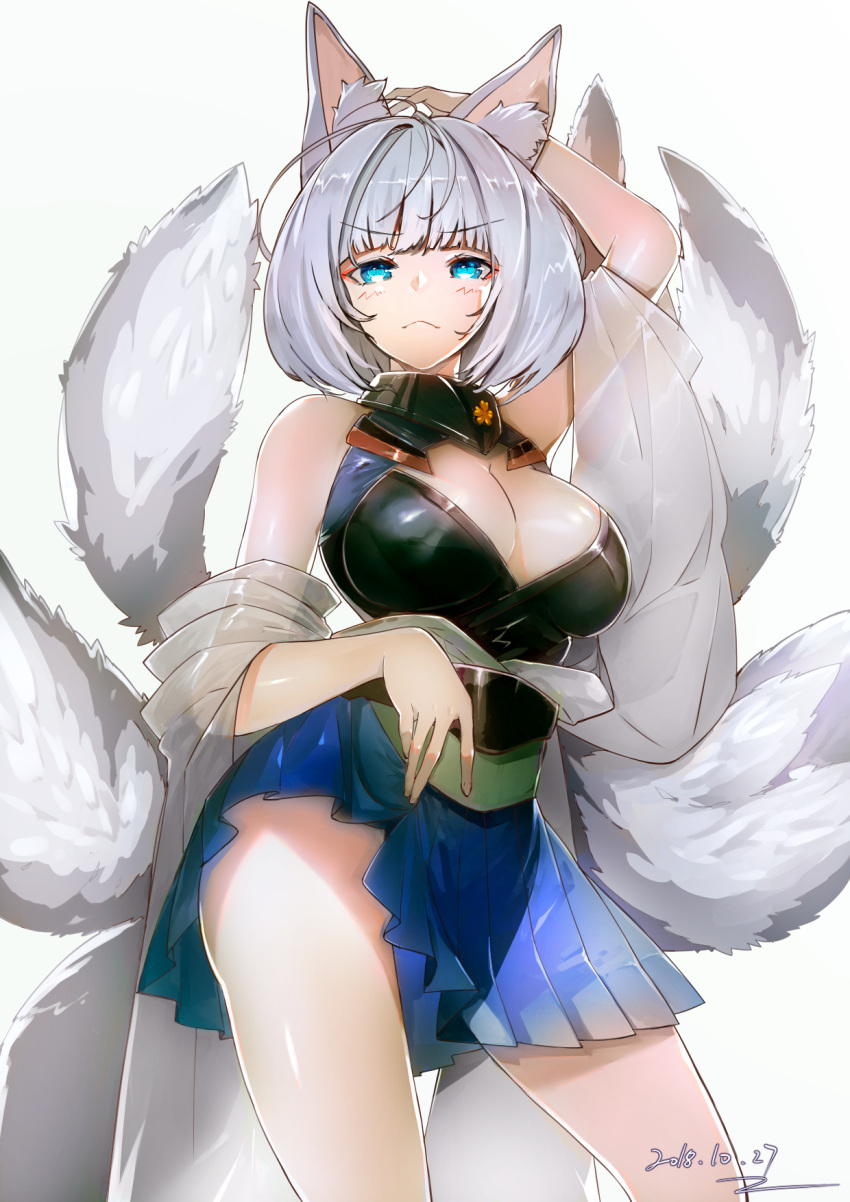 1girl ahoge animal_ears arm_up azur_lane bare_legs bare_shoulders blue_eyes blue_skirt breasts cleavage collar contrapposto cowboy_shot dated enjo-sen eyebrows_visible_through_hair fox_ears fox_tail hand_on_head highres kaga_(azur_lane) kyuubi large_breasts looking_at_viewer miniskirt multiple_tails obi pleated_skirt sakuramon sash short_hair silver_hair simple_background skirt skirt_lift sleeveless solo tail thighs white_background