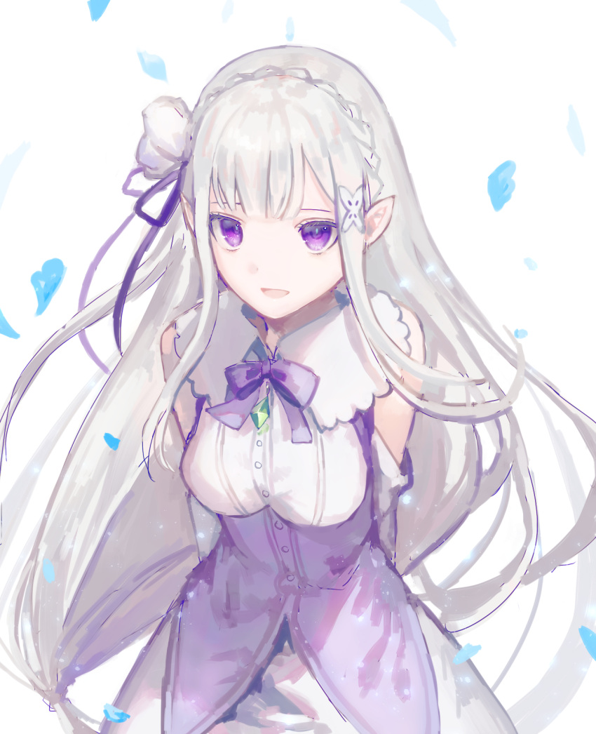 1girl arms_behind_back detached_sleeves dress_shirt emilia_(re:zero) floating_hair flower hair_flower hair_ornament hair_ribbon highres leaning_forward long_hair neck_ribbon nomuraumu petals pointy_ears purple_ribbon re:zero_kara_hajimeru_isekai_seikatsu ribbon shirt silver_hair skirt solo standing very_long_hair violet_eyes white_background white_flower white_shirt white_skirt white_sleeves