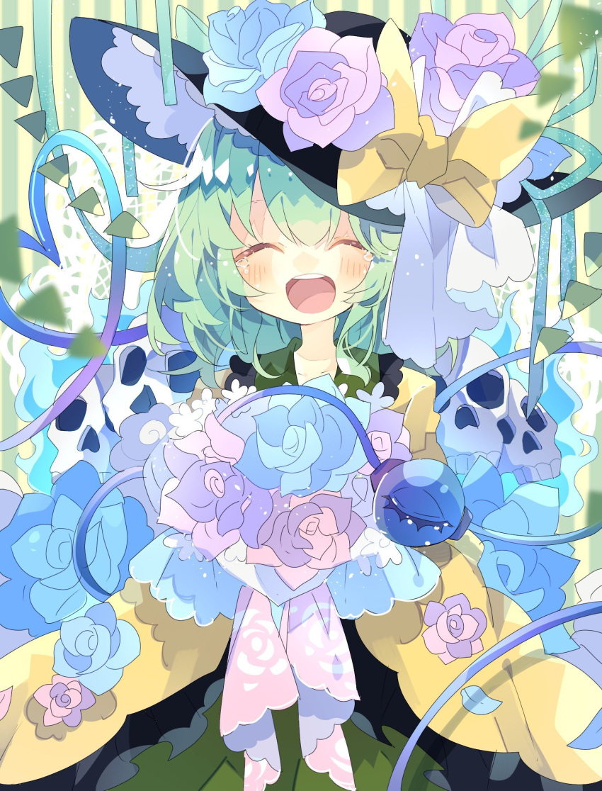 1girl aqua_ribbon bangs black_frills black_headwear blue_fire blue_flower blue_rose blush bouquet bow closed_eyes collared_shirt commentary eyeball facing_viewer fire floral_print flower frilled_shirt_collar frills green_background green_hair green_skirt happy hat hat_bow hat_flower hat_ribbon heart heart_of_string highres koishi_day komeiji_koishi long_sleeves medium_hair multicolored multicolored_background nikorashi-ka open_mouth pink_flower pink_rose ribbon rose shirt skirt skull solo string striped striped_background tears third_eye touhou wide_sleeves yellow_background yellow_shirt