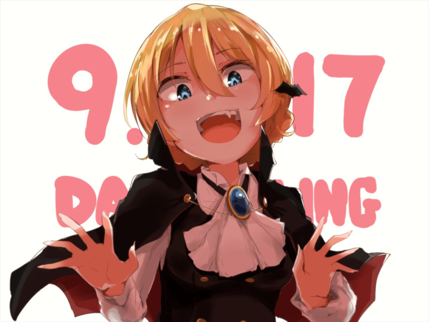 1girl :d bangs bat_hair_ornament black_cape black_vest blonde_hair blue_eyes braid brooch cape character_name cravat darjeeling dated dress_shirt eyebrows_visible_through_hair fang fingernails girls_und_panzer hair_ornament halloween_costume head_tilt highres jewelry long_sleeves looking_at_viewer open_mouth sharp_fingernails shirt short_hair shuiro_(frog-16) smile solo tied_hair twin_braids upper_body vampire_costume vest white_neckwear white_shirt